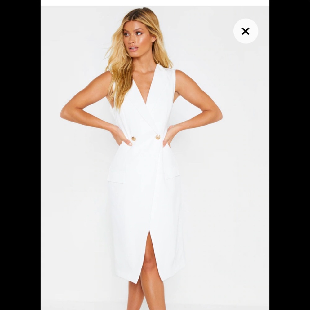 Pretty Little Things Midi Sleevless white blazer dress gold buttons